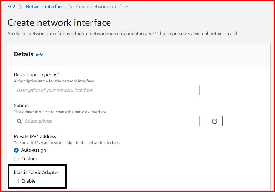 Picture showing the Elastic Fabric Adapter checkbox while creating the network interfaces